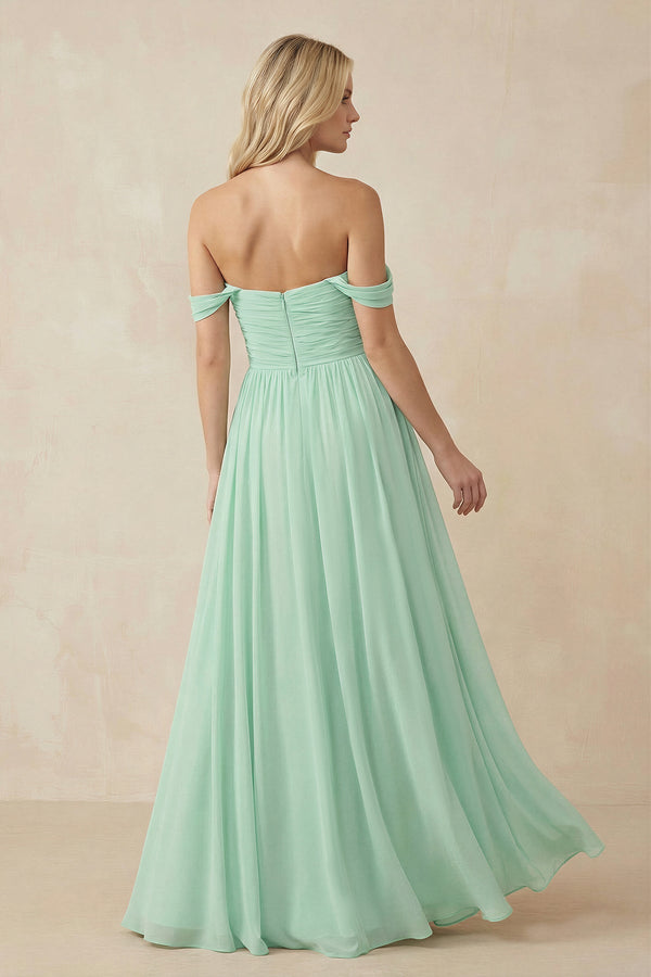 A-Line Pleated Long Chiffon Bridesmaid Dress in Pale Pistachio - KissProm BRIDESMAID DRESSES