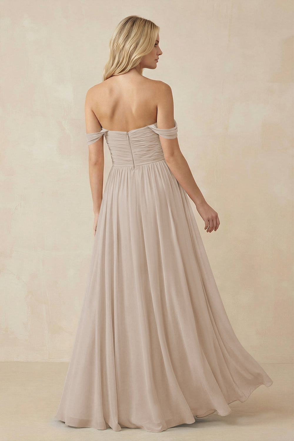 A - Line Pleated Chiffon Long Bridesmaid Dress in Almond - KissProm Bridesmaid Dresses