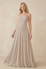 A - Line Pleated Chiffon Long Bridesmaid Dress in Almond - KissProm Bridesmaid Dresses