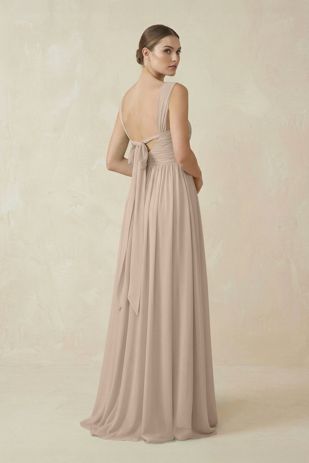 A - Line Pleated Chiffon Long Bridesmaid Dress in Almond - KissProm Bridesmaid Dresses