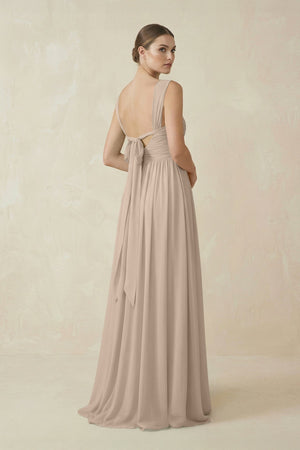 A - Line Pleated Chiffon Long Bridesmaid Dress in Almond - KissProm Bridesmaid Dresses