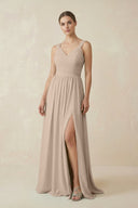 A - Line Pleated Chiffon Long Bridesmaid Dress in Almond - KissProm Bridesmaid Dresses