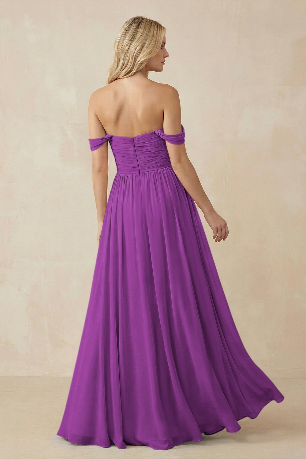 A - Line Pleated Chiffon Long Bridesmaid Dress in Amethyst - KissProm Bridesmaid Dresses