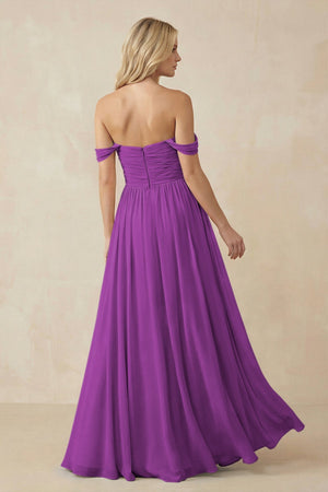 A - Line Pleated Chiffon Long Bridesmaid Dress in Amethyst - KissProm Bridesmaid Dresses