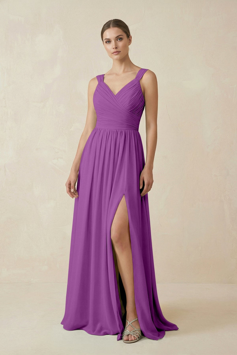 A - Line Pleated Chiffon Long Bridesmaid Dress in Amethyst - KissProm Bridesmaid Dresses
