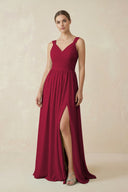 A - Line Pleated Chiffon Long Bridesmaid Dress in Berry - KissProm Bridesmaid Dresses