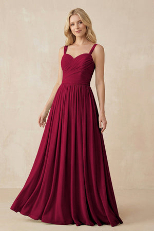 A - Line Pleated Chiffon Long Bridesmaid Dress in Berry - KissProm Bridesmaid Dresses