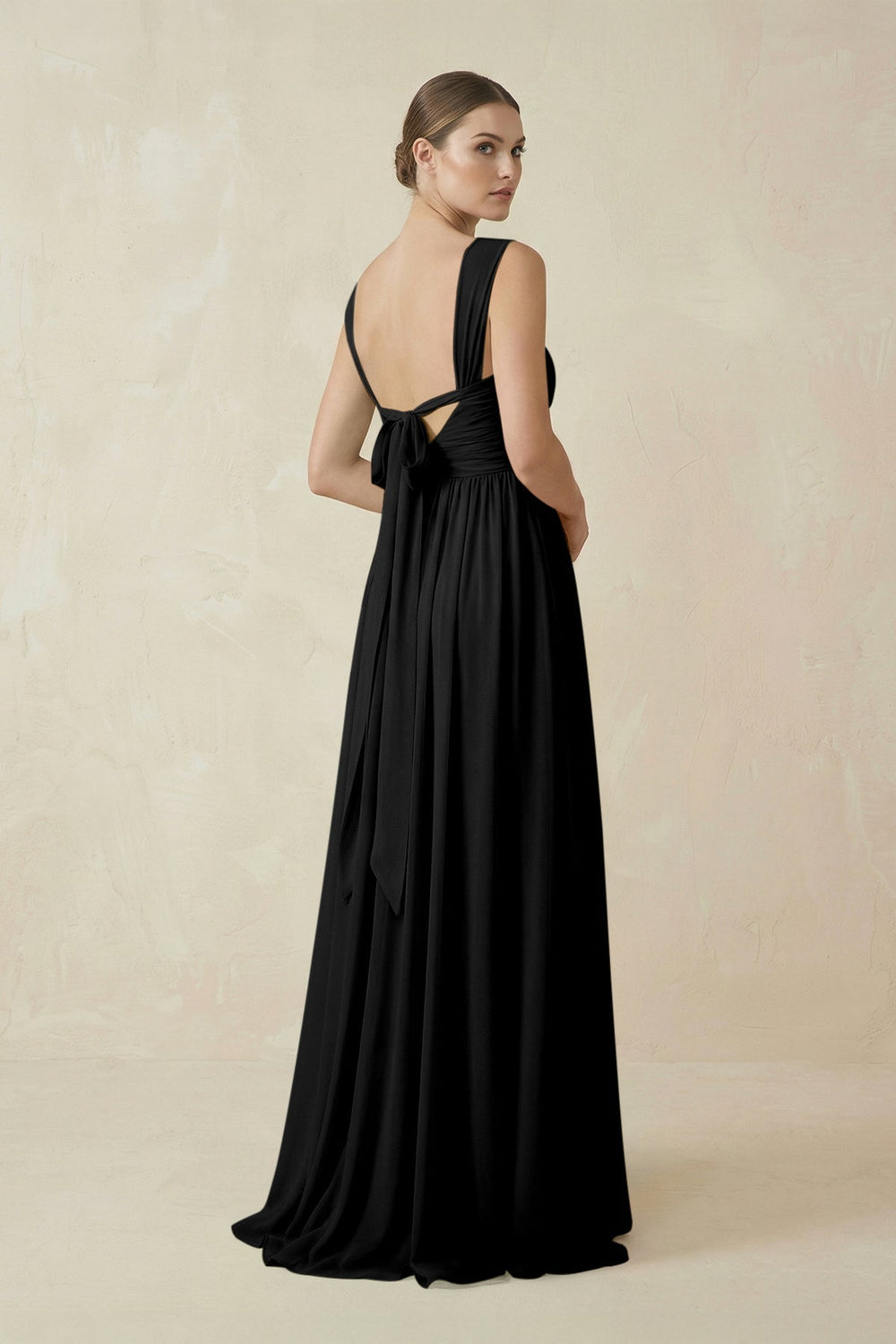 A - Line Pleated Chiffon Long Bridesmaid Dress in Black - KissProm Bridesmaid Dresses