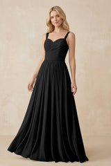 A - Line Pleated Chiffon Long Bridesmaid Dress in Black - KissProm Bridesmaid Dresses