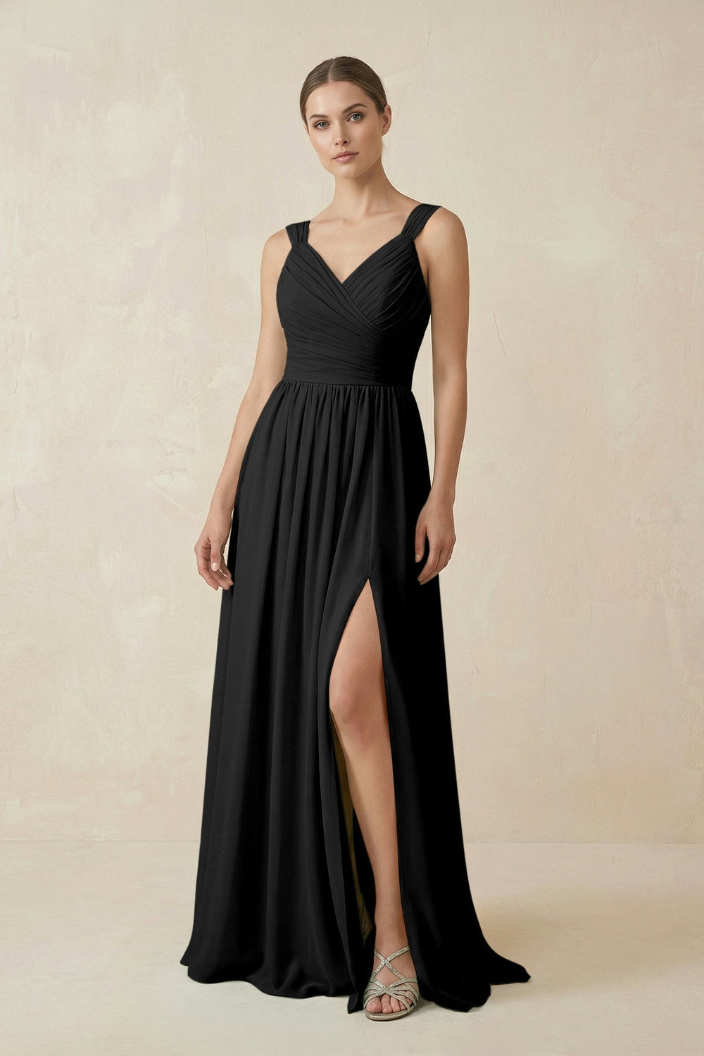 A - Line Pleated Chiffon Long Bridesmaid Dress in Black - KissProm Bridesmaid Dresses
