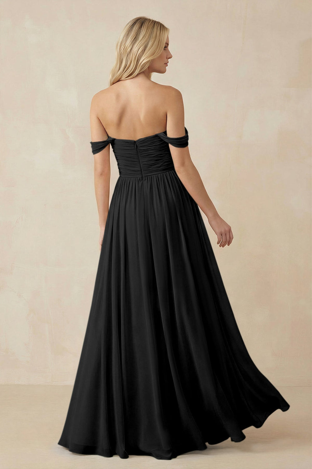 A - Line Pleated Chiffon Long Bridesmaid Dress in Black - KissProm Bridesmaid Dresses