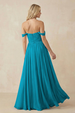 A - Line Pleated Chiffon Long Bridesmaid Dress in Blue Jay - KissProm Bridesmaid Dresses
