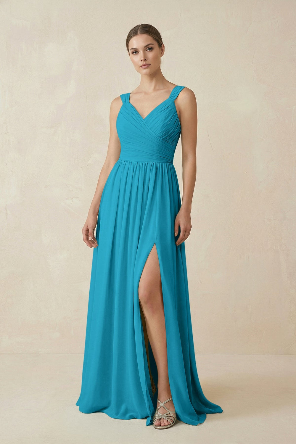 A - Line Pleated Chiffon Long Bridesmaid Dress in Blue Jay - KissProm Bridesmaid Dresses