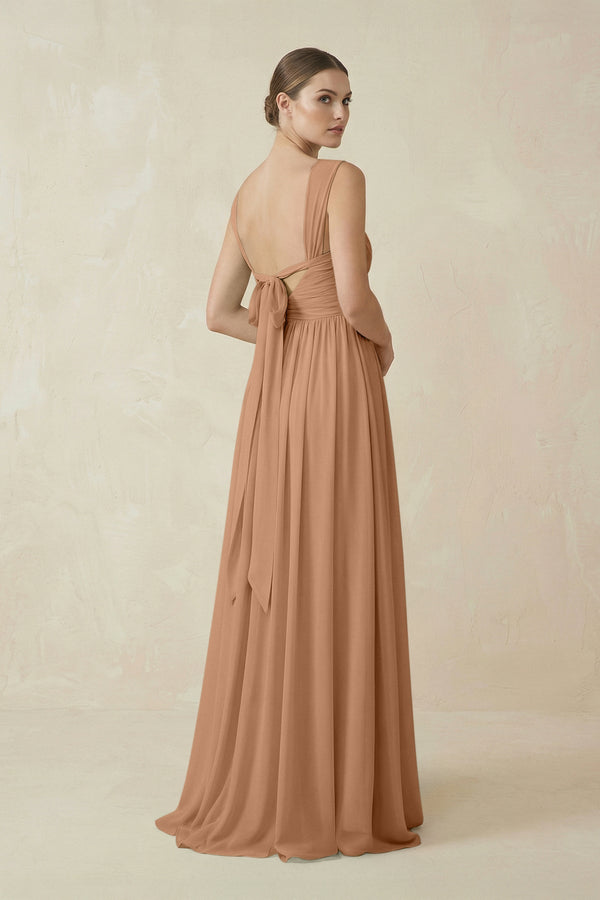 A - Line Pleated Chiffon Long Bridesmaid Dress in Bronzer - KissProm Bridesmaid Dresses