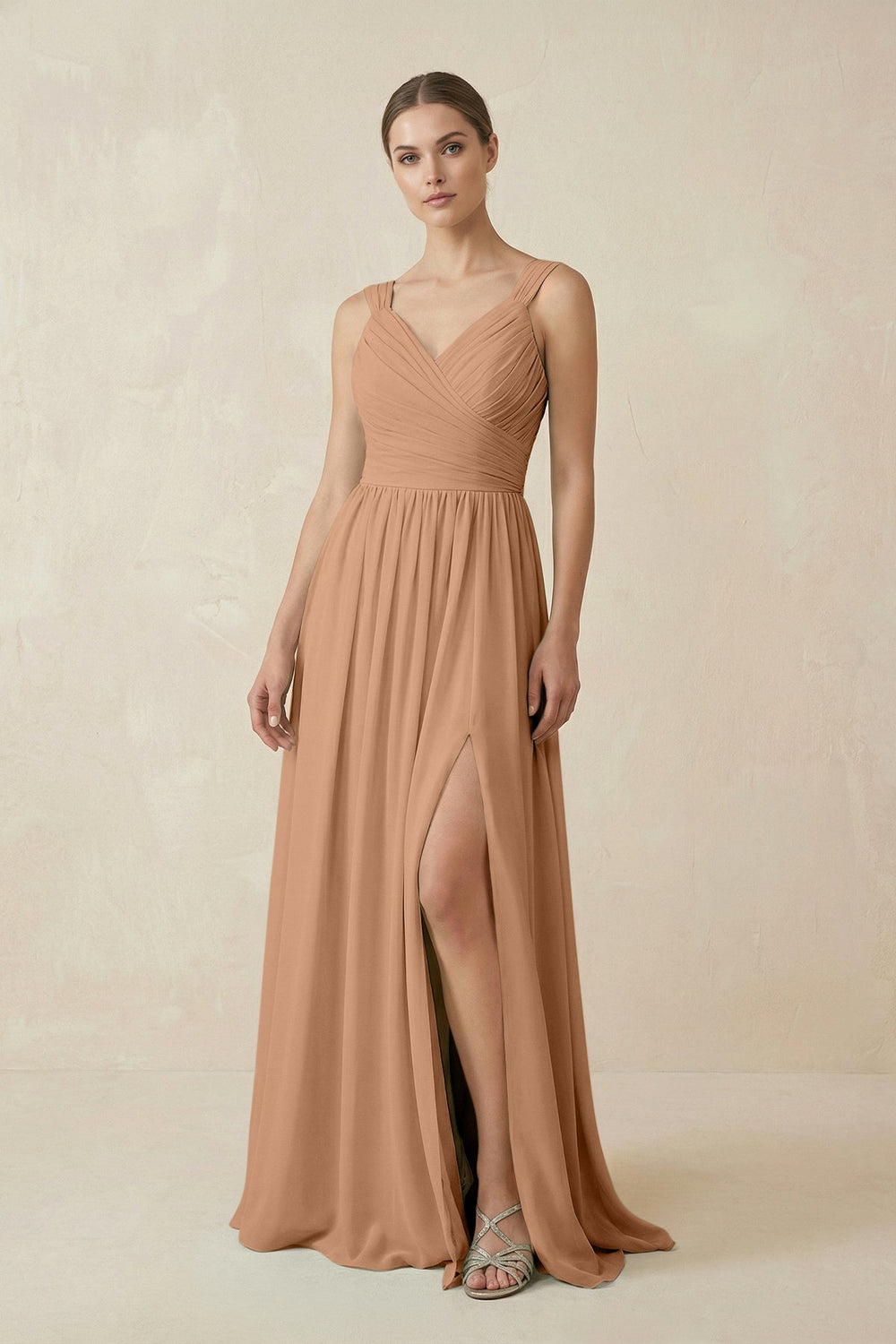 A - Line Pleated Chiffon Long Bridesmaid Dress in Bronzer - KissProm Bridesmaid Dresses
