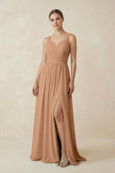 A - Line Pleated Chiffon Long Bridesmaid Dress in Bronzer - KissProm Bridesmaid Dresses