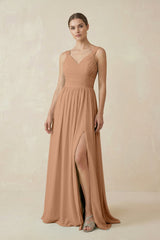 A - Line Pleated Chiffon Long Bridesmaid Dress in Bronzer - KissProm Bridesmaid Dresses