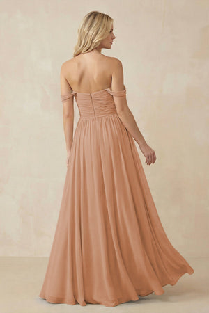 A - Line Pleated Chiffon Long Bridesmaid Dress in Bronzer - KissProm Bridesmaid Dresses