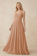 A - Line Pleated Chiffon Long Bridesmaid Dress in Bronzer - KissProm Bridesmaid Dresses