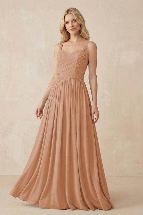 A - Line Pleated Chiffon Long Bridesmaid Dress in Bronzer - KissProm Bridesmaid Dresses