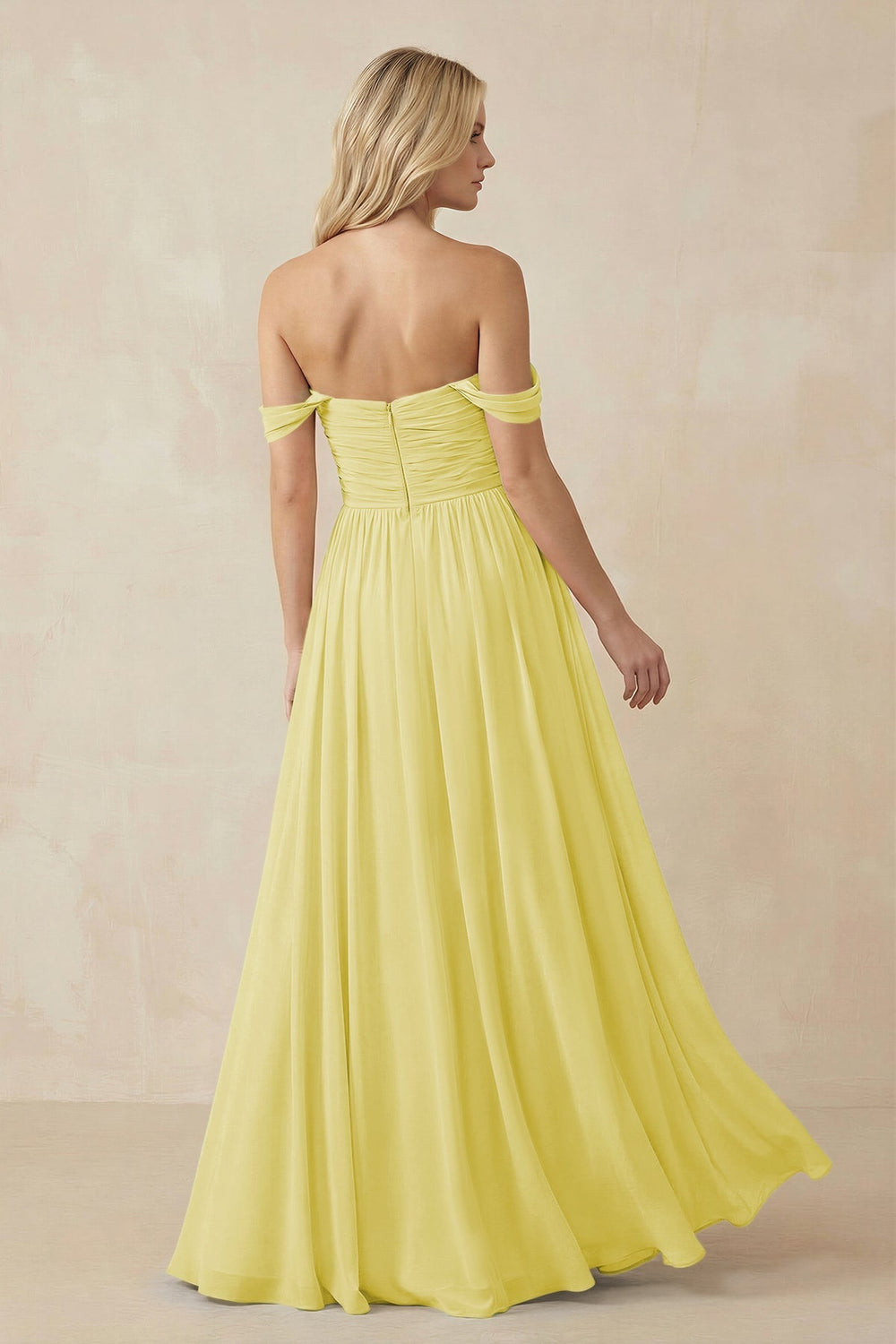 A - Line Pleated Chiffon Long Bridesmaid Dress in Buttercup - KissProm Bridesmaid Dresses