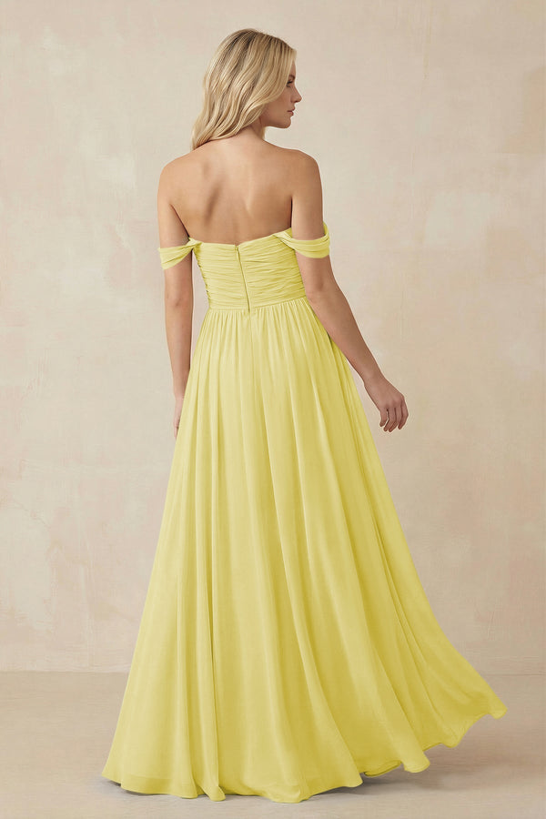 A - Line Pleated Chiffon Long Bridesmaid Dress in Buttercup - KissProm Bridesmaid Dresses