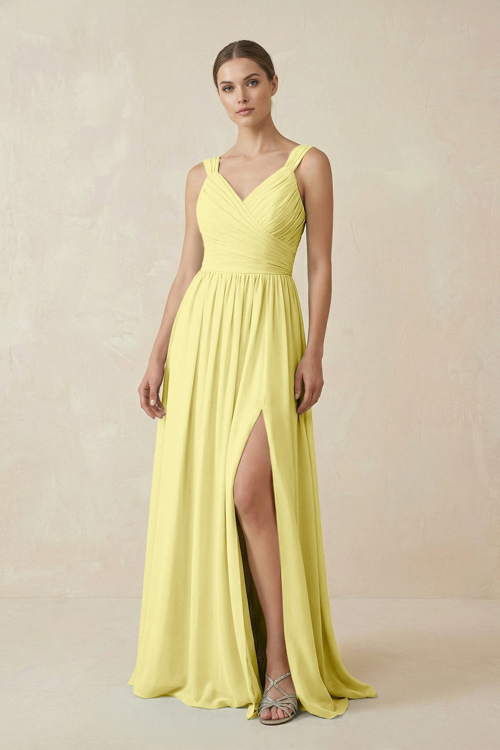 A - Line Pleated Chiffon Long Bridesmaid Dress in Buttercup - KissProm Bridesmaid Dresses