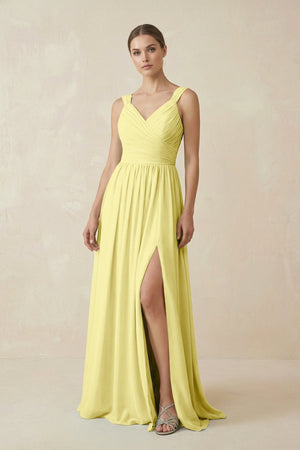 A - Line Pleated Chiffon Long Bridesmaid Dress in Buttercup - KissProm Bridesmaid Dresses