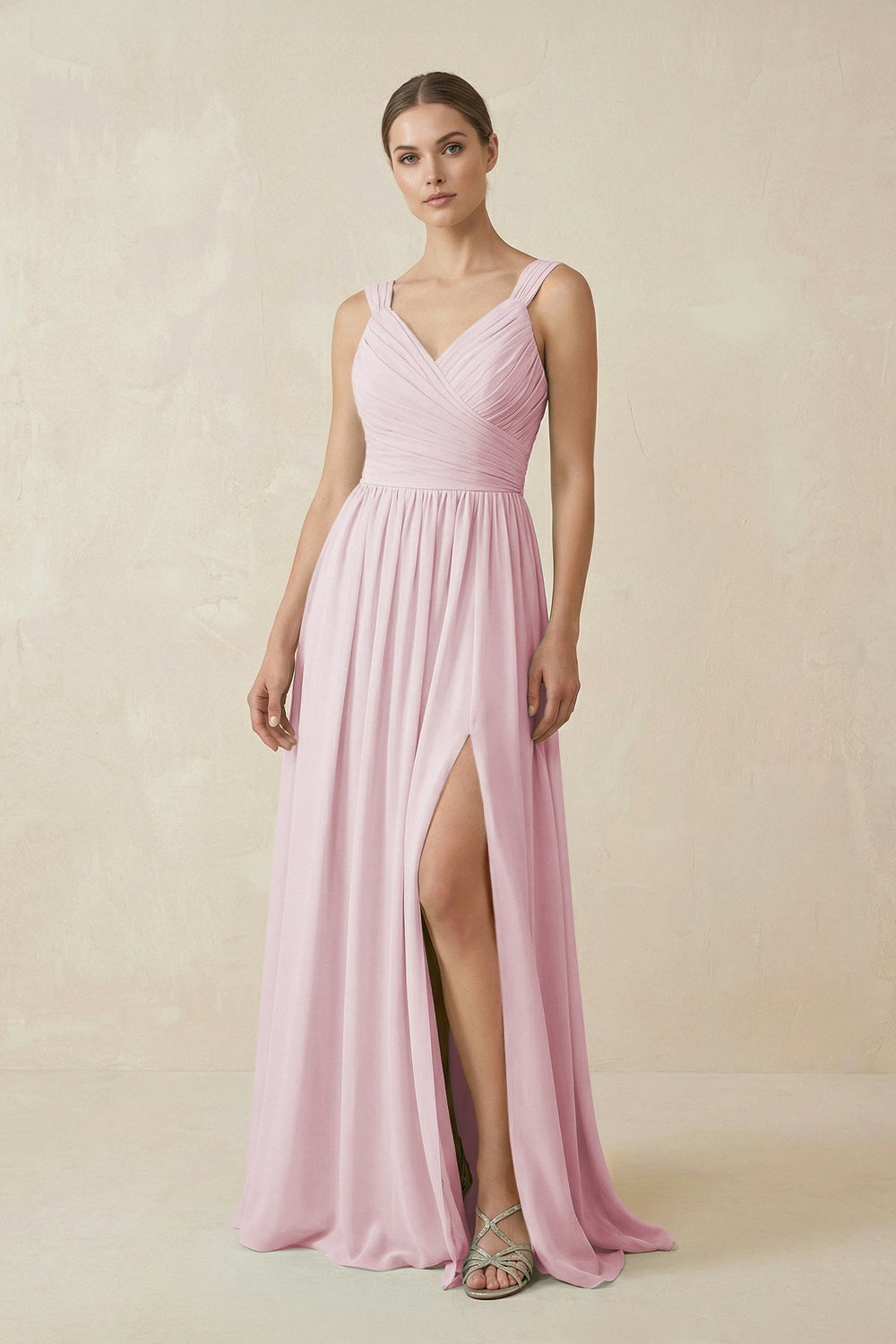 A - Line Pleated Chiffon Long Bridesmaid Dress in Candy Pink - KissProm Bridesmaid Dresses