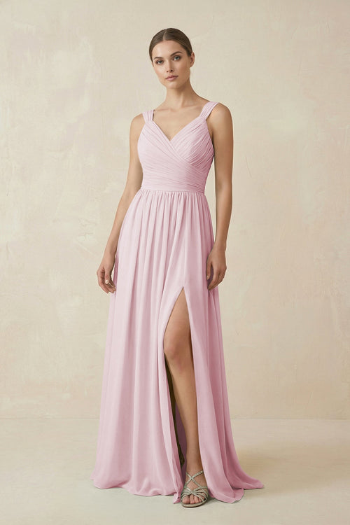 A - Line Pleated Chiffon Long Bridesmaid Dress in Candy Pink - KissProm Bridesmaid Dresses