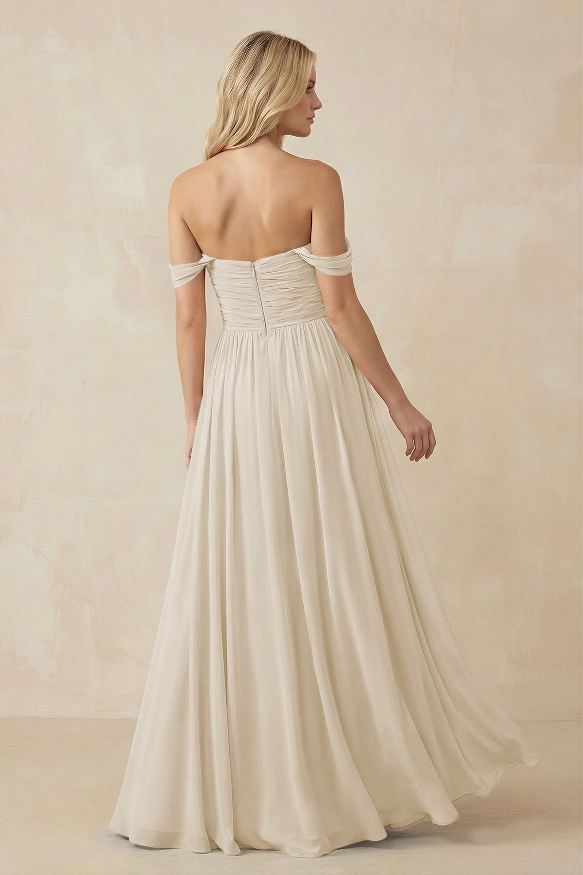 A-Line Pleated Long Chiffon Bridesmaid Dress in Champagne, Champagne / 0