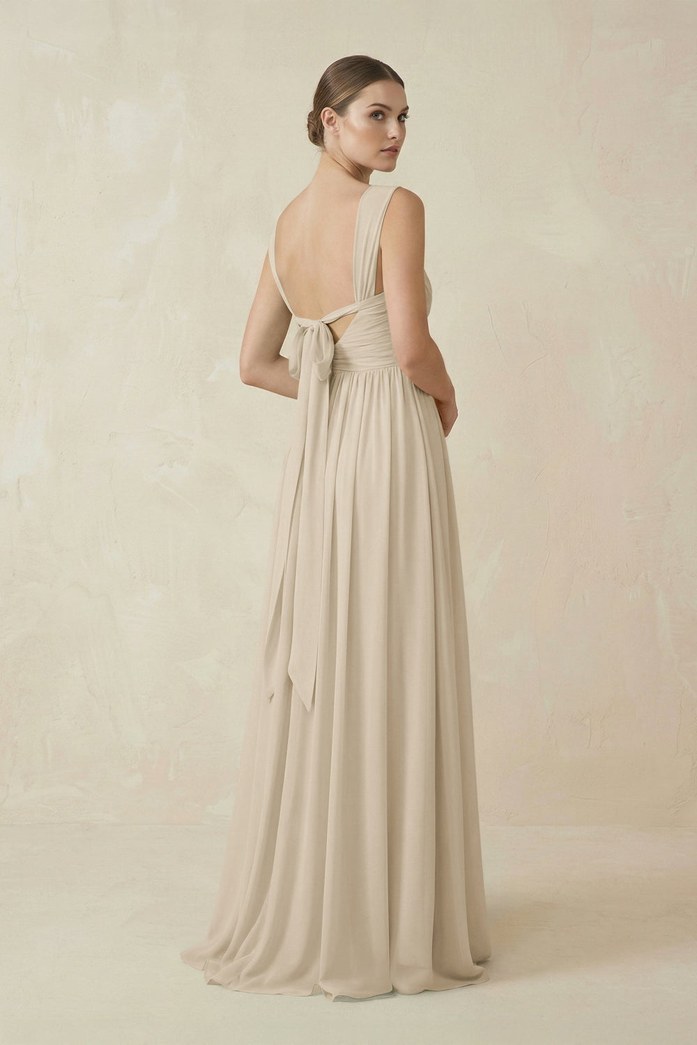 A - Line Pleated Chiffon Long Bridesmaid Dress in Champagne - KissProm Bridesmaid Dresses