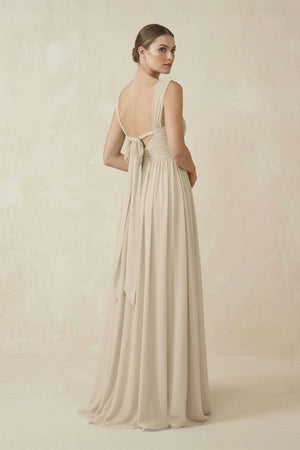A - Line Pleated Chiffon Long Bridesmaid Dress in Champagne - KissProm Bridesmaid Dresses