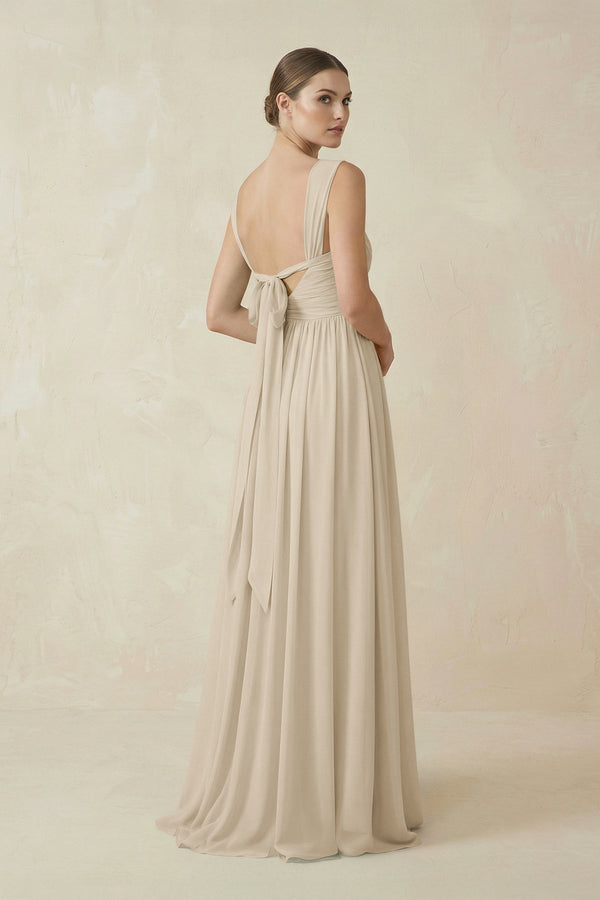 A - Line Pleated Chiffon Long Bridesmaid Dress in Champagne - KissProm Bridesmaid Dresses