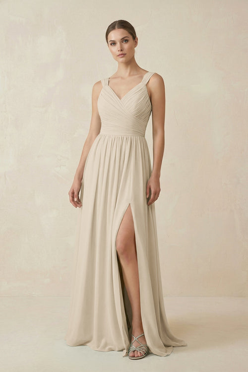 KissProm A-Line Pleated Chiffon Long Bridesmaid Dress in Champagne, Champagne / 12