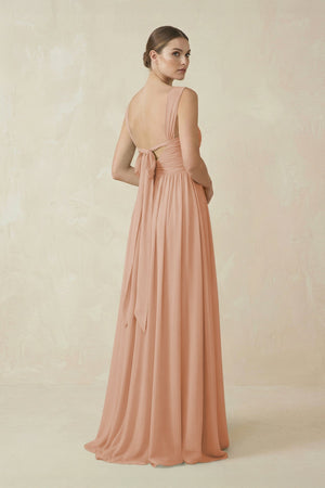 A - Line Pleated Chiffon Long Bridesmaid Dress in Champagne Rose - KissProm Bridesmaid Dresses