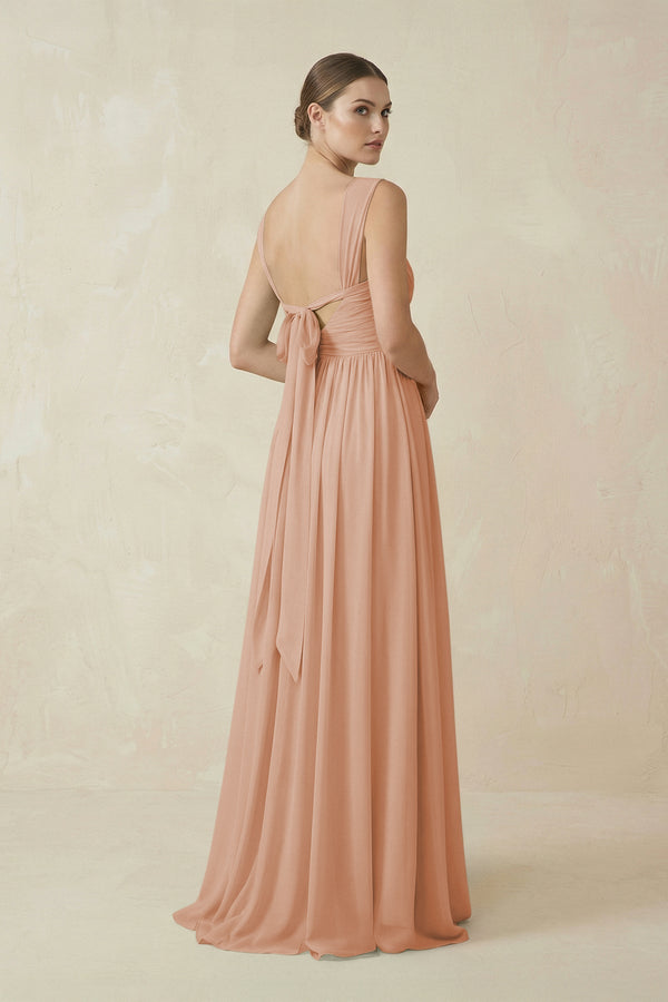 A - Line Pleated Chiffon Long Bridesmaid Dress in Champagne Rose - KissProm Bridesmaid Dresses
