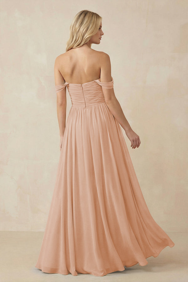 A - Line Pleated Chiffon Long Bridesmaid Dress in Champagne Rose - KissProm Bridesmaid Dresses