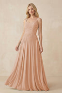 A - Line Pleated Chiffon Long Bridesmaid Dress in Champagne Rose - KissProm Bridesmaid Dresses