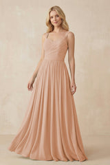 A - Line Pleated Chiffon Long Bridesmaid Dress in Champagne Rose - KissProm Bridesmaid Dresses