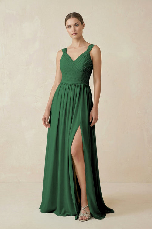KissProm A-Line Pleated Chiffon Long Bridesmaid Dress in Dark Green, Dark Green / 8