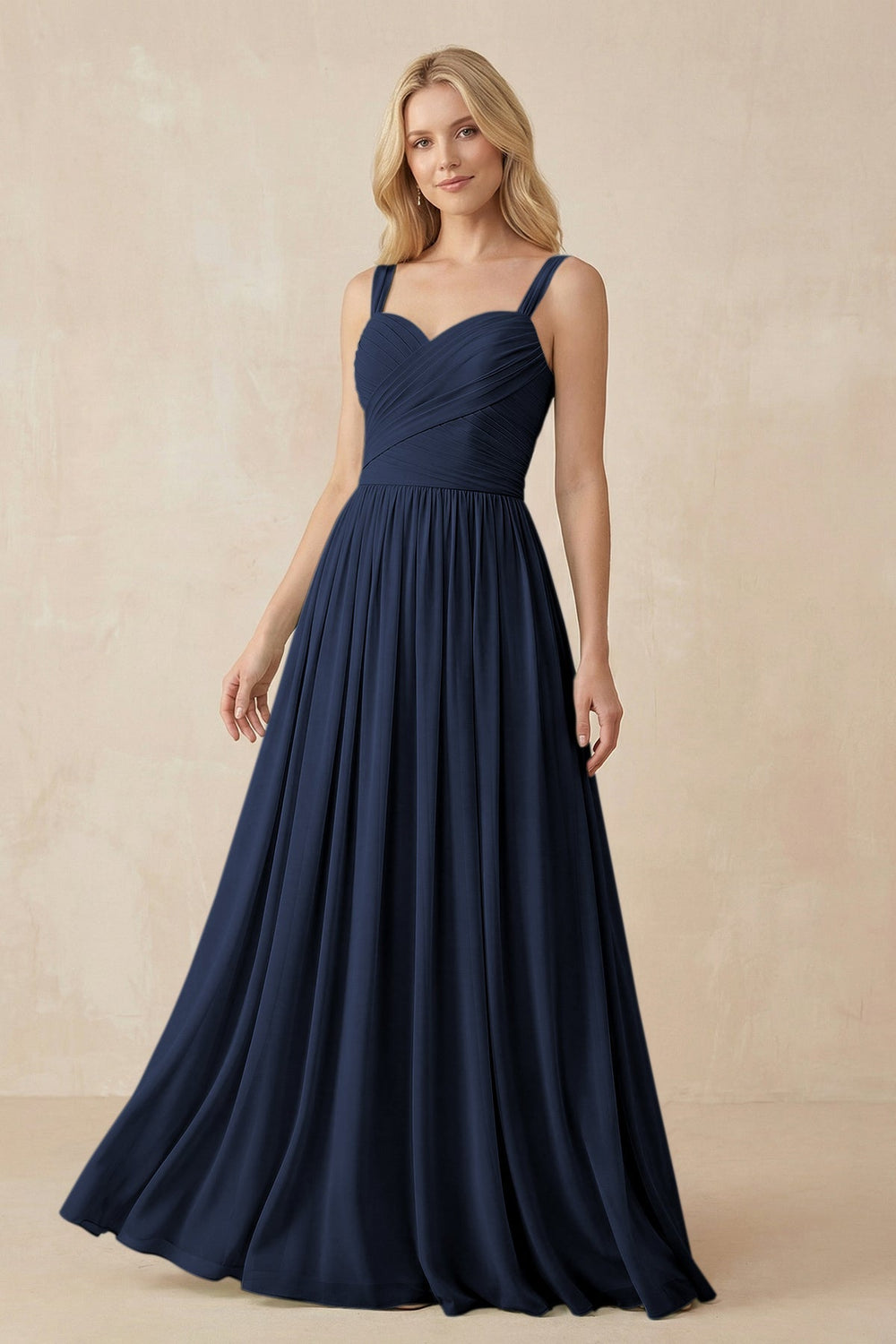 A - Line Pleated Chiffon Long Bridesmaid Dress in Dark Navy - KissProm Bridesmaid Dresses