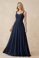 A - Line Pleated Chiffon Long Bridesmaid Dress in Dark Navy - KissProm Bridesmaid Dresses