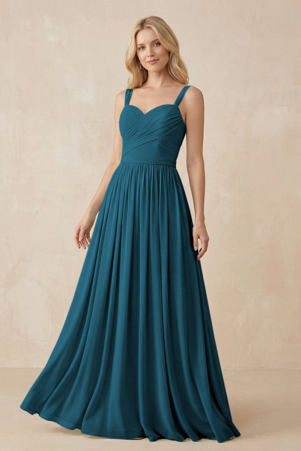 A - Line Pleated Chiffon Long Bridesmaid Dress in Dark Teal - KissProm Bridesmaid Dresses