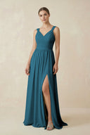 A - Line Pleated Chiffon Long Bridesmaid Dress in Dark Teal - KissProm Bridesmaid Dresses