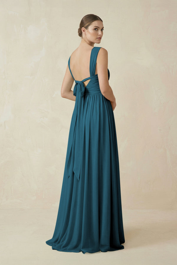 A - Line Pleated Chiffon Long Bridesmaid Dress in Dark Teal - KissProm Bridesmaid Dresses