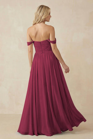 A - Line Pleated Chiffon Long Bridesmaid Dress in Desert Rose - KissProm Bridesmaid Dresses