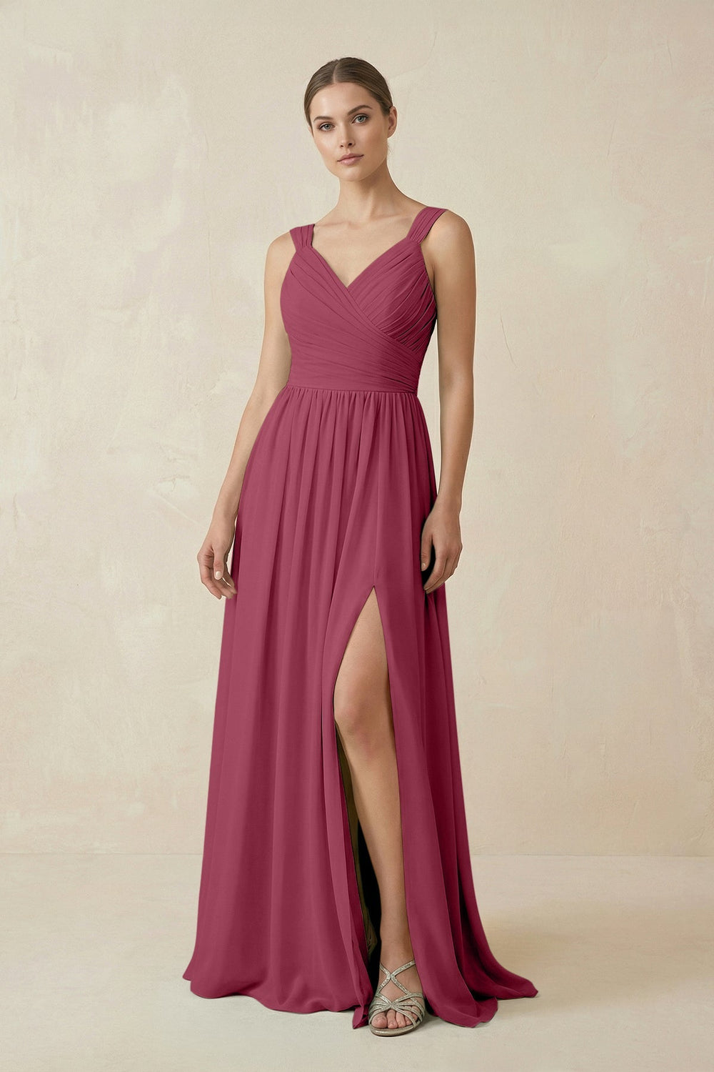 A - Line Pleated Chiffon Long Bridesmaid Dress in Desert Rose - KissProm Bridesmaid Dresses