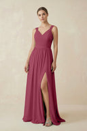 A - Line Pleated Chiffon Long Bridesmaid Dress in Desert Rose - KissProm Bridesmaid Dresses