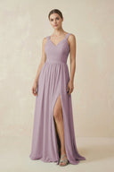 A - Line Pleated Chiffon Long Bridesmaid Dress in Dusk - KissProm Bridesmaid Dresses